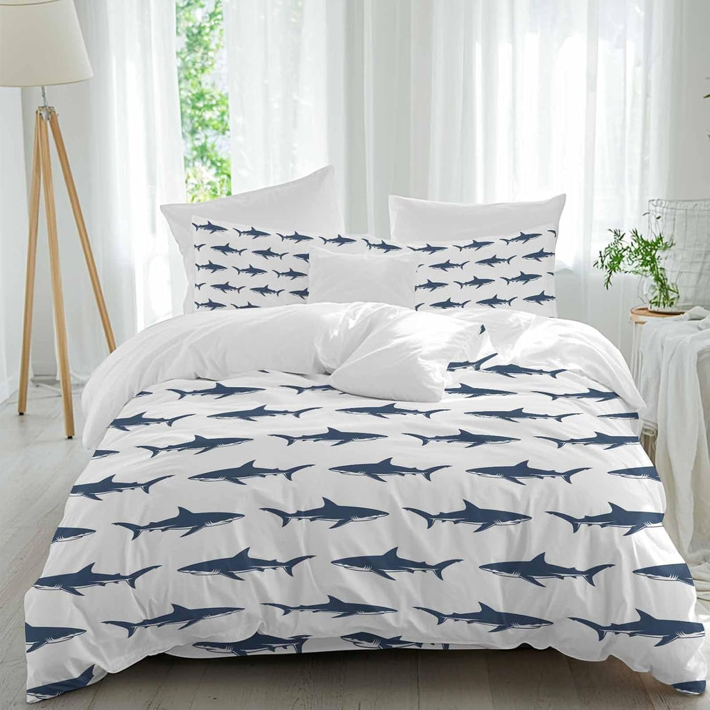 Prime Leader Abstract Sharks Duvet Cover Set Queen Size 4 Pieces Navy Blue Fish Simple Style Ocean Life Bedding Set with Zipper Closure, 1 Comforter Cover 86x86 Inches 1 Flat Sheet & 2 Pillow Cases
