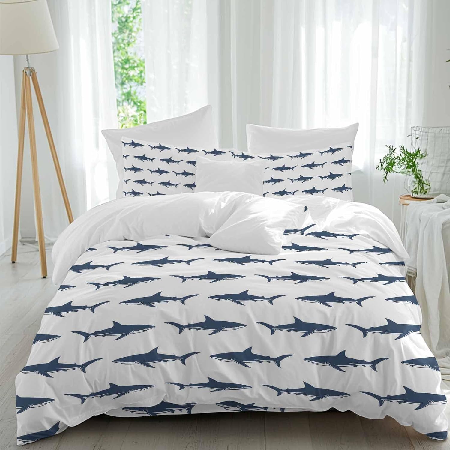 Prime Leader Abstract Sharks Duvet Cover Set Queen Size 4 Pieces Navy Blue Fish Simple Style Ocean Life Bedding Set with Zipper Closure, 1 Comforter Cover 86x86 Inches 1 Flat Sheet & 2 Pillow Cases
