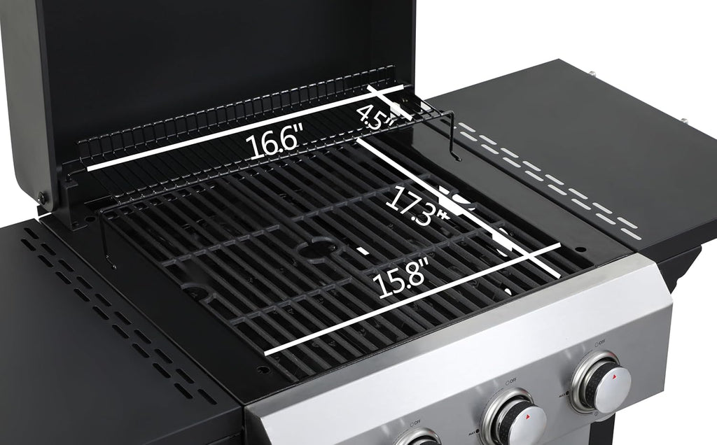3-Burner Propane Gas BBQ Grill with SS Plancha, 36,900BTU Output with Hanging Basket, Barbecue Grill with Fixed Side Shelf, Foldable Side Tables, Wire Enamel Cooking Grids for Outdoor Backyard Party
