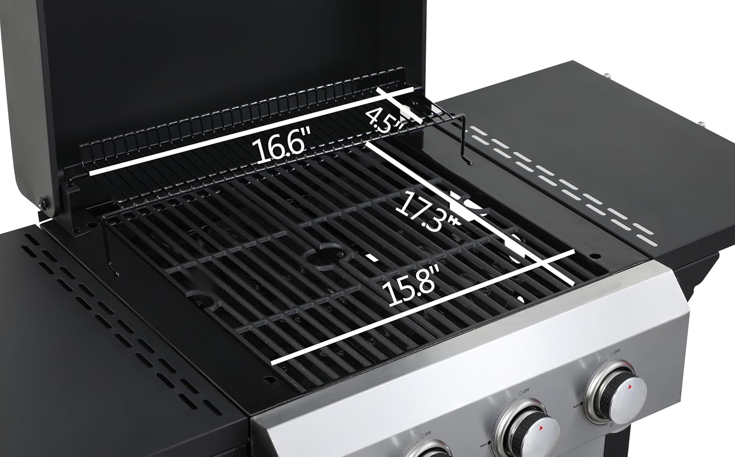 3-Burner Propane Gas BBQ Grill with SS Plancha, 36,900BTU Output with Hanging Basket, Barbecue Grill with Fixed Side Shelf, Foldable Side Tables, Wire Enamel Cooking Grids for Outdoor Backyard Party