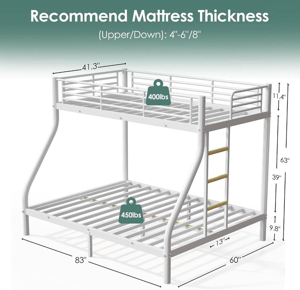 Bunk Beds Twin XL Over Queen, Heavy Duty Bunk Beds with Bottom Space & Guardrail Metal Bunk Bed Frame for Adults Teens Dorm Bedroom Guest Room, No Box Spring Needed（White）