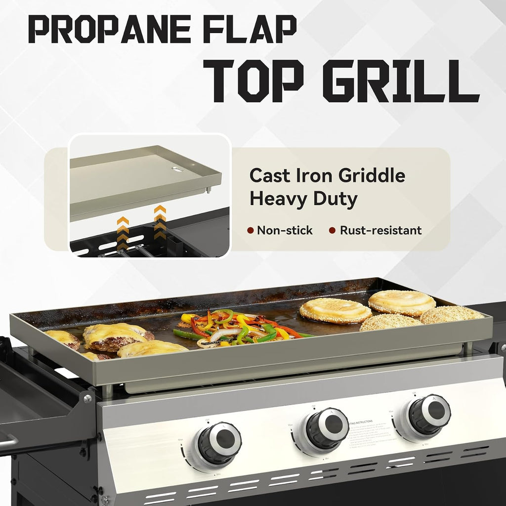 3 Burner Propane Grill with Rainproof Cover 28inch Outdoor Flat Top Griddle Foldable Side Table for Backyards Barbecue