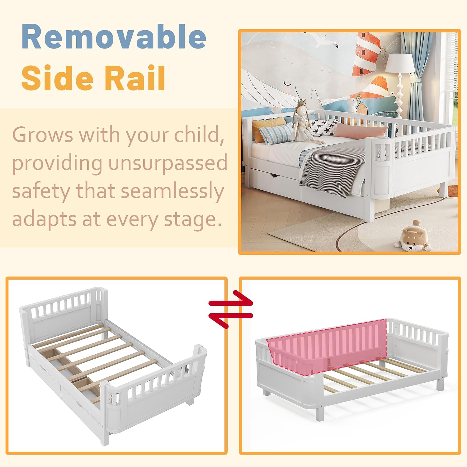 Twin Kids Bed with Storage Drawers & Rails, Wood Low Montessori Beds with Detachable Side Rails & Slats, Modern Daybed for Boys Girls Bedroom, Kids Twin Platform Bed, White