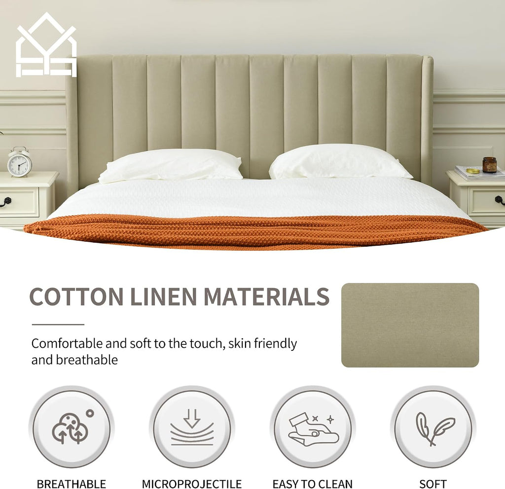 YUHUASHI upholstered Platform Bed Frame/Twin Bed Frame/Modern Geometric Double-Wing Design headboard/Linen Fabric/Easy to Assemble no Noise (Beige, Twin)