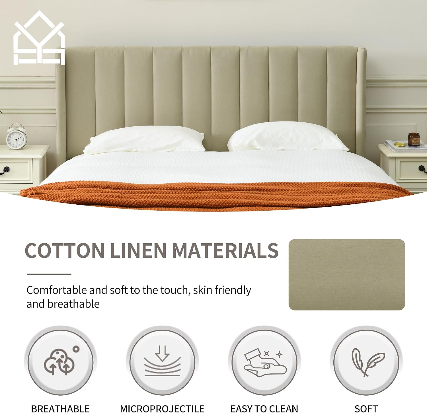 YUHUASHI upholstered Platform Bed Frame/Twin Bed Frame/Modern Geometric Double-Wing Design headboard/Linen Fabric/Easy to Assemble no Noise (Beige, Twin)