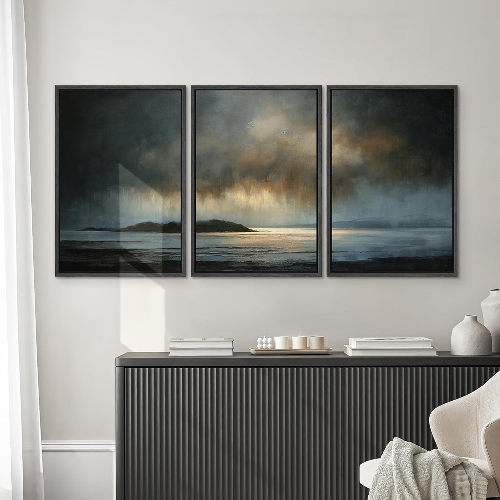 SIGNWIN Framed Canvas Print Wall Art Set Moody Ocean Sunset Dark Blue and Gold Seascape Landscape Illustrations Modern Art Decorative Scenic Rustic for Living Room, Bedroom, Office - 24'x36'x3 Black