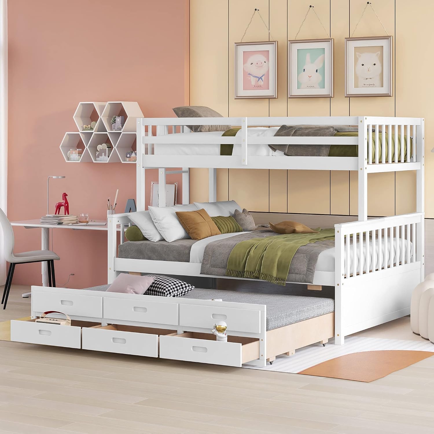 Harper & Bright Designs Twin Over Full Bunk Bed with Trundle, Solid Wood Bunk Bed Frame with Storage Drawers, for Kids Teens Adults (White)