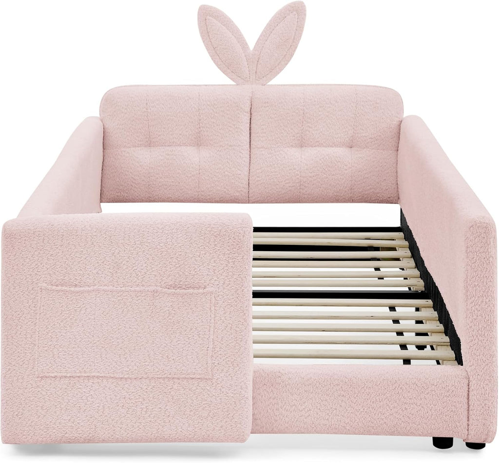 Twin Size Upholstered Platform Bed with Safety Guardrail and Cute Rabbit Ear Shaped Headboard, Boucle Fabric Montessori Kids Bed with Pocket and Sturdy Slats Support (Pink-7.24)