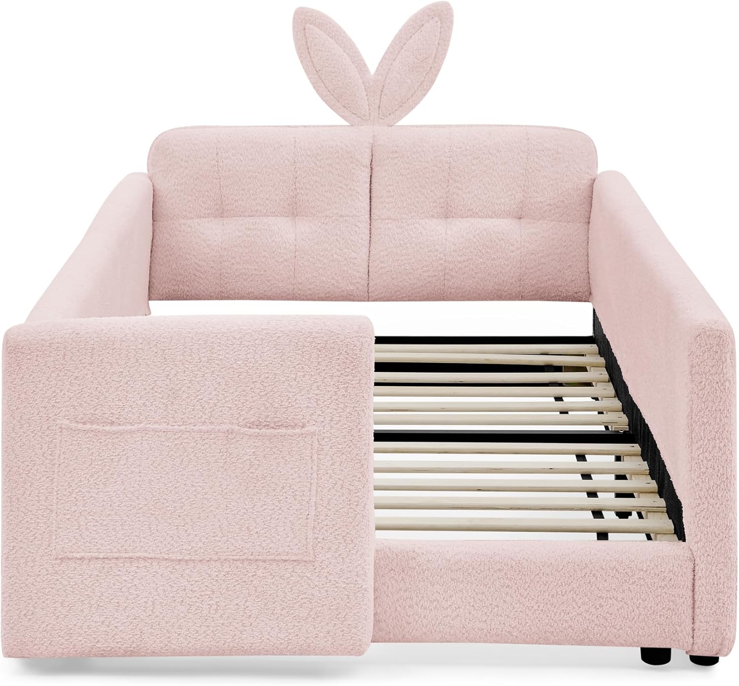 Twin Size Upholstered Platform Bed with Safety Guardrail and Cute Rabbit Ear Shaped Headboard, Boucle Fabric Montessori Kids Bed with Pocket and Sturdy Slats Support (Pink-7.24)
