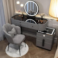 Vanity Desk, Simple Vanities with Chair and Side Cabinet with Drawers, Modern Dressing Table with LED Smart Round Mirror and Tempered Glass Countertop, Solid Wood Bedroom Makeup Vanity (Grey,39')