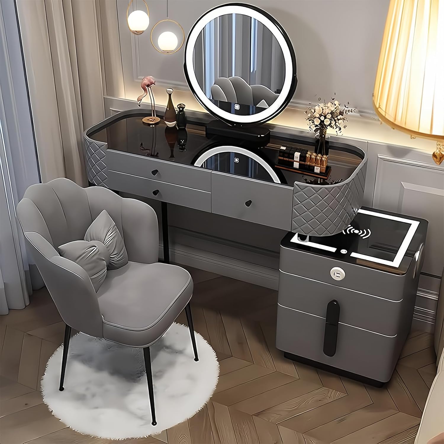 Vanity Desk, Simple Vanities with Chair and Side Cabinet with Drawers, Modern Dressing Table with LED Smart Round Mirror and Tempered Glass Countertop, Solid Wood Bedroom Makeup Vanity (Grey,39')