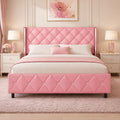 HOMBCK Full Size Bed Frame with Headboard, Upholstered Faux Leather Bed with Diamond Headboard, Pink Bed Frame Full with Footboard, No Box Spring Needed, Easy Assembly, Pink