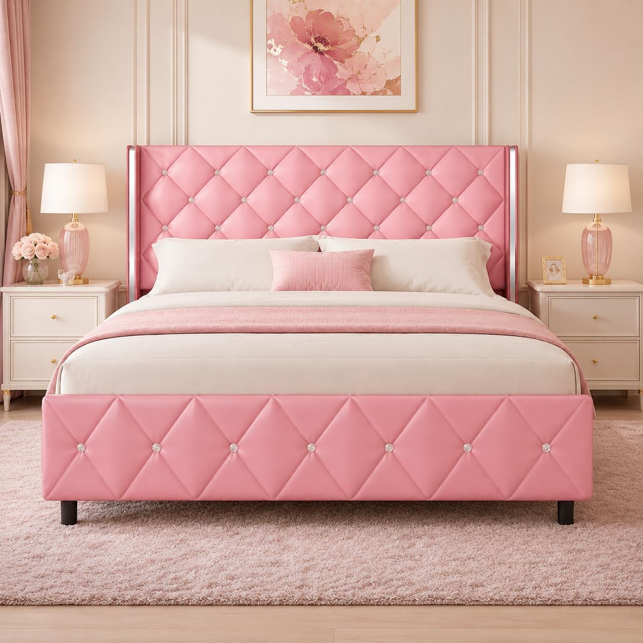 Queen Bed Frame with Headboard, Upholstered Queen Size Bed Frame with Diamond Tufted Wingback Headboard, Faux Leather, 800lbs Heavy Duty Support, Sliver Metal Edge Accents, No Box Spring Needed, Pink