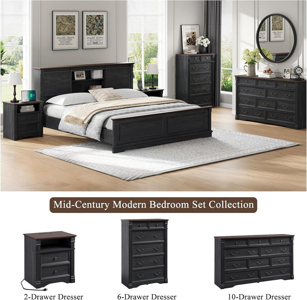 Bedroom Sets 2 Pieces, Farmhouse 6 Drawer Dresser and Nightstand Sets, Wood Furniture Set for Home, Bedroom, Living Room, Hallway, Black