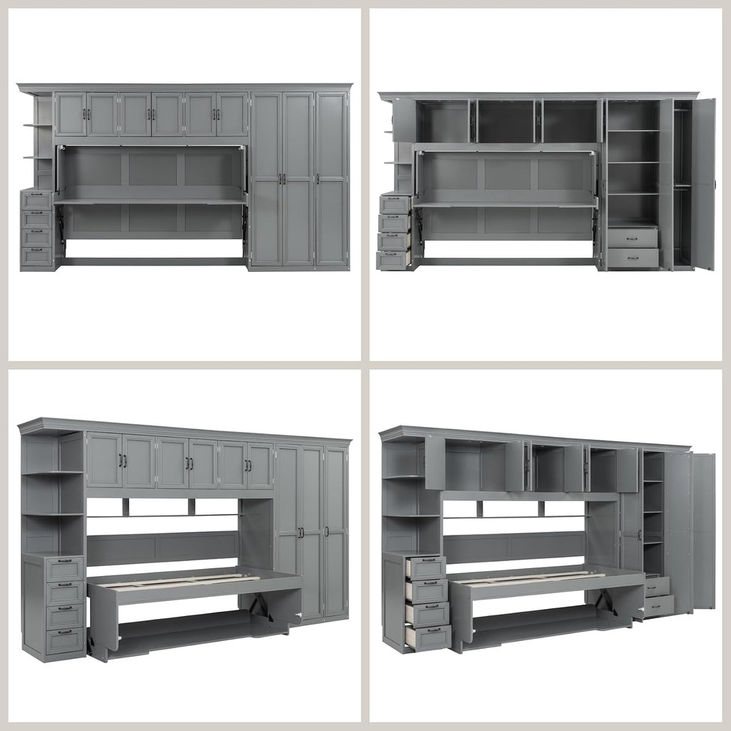 Merax Twin Size Murphy Bed with Desk, Multifunctional Wood Foldable Wall Bed with Wardrobe, Drawers and Cabinet, Space-Saving Hidden Bed for Guest Room Office, No Box Spring Needed, Grey