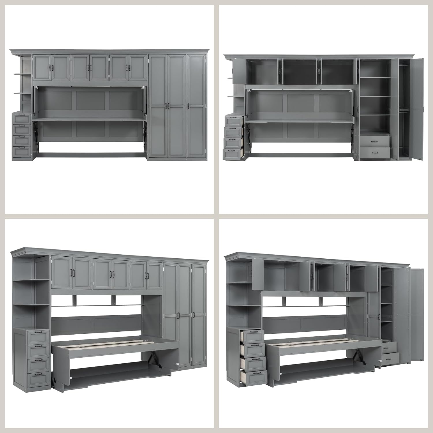 Merax Twin Size Murphy Bed with Desk, Multifunctional Wood Foldable Wall Bed with Wardrobe, Drawers and Cabinet, Space-Saving Hidden Bed for Guest Room Office, No Box Spring Needed, Grey