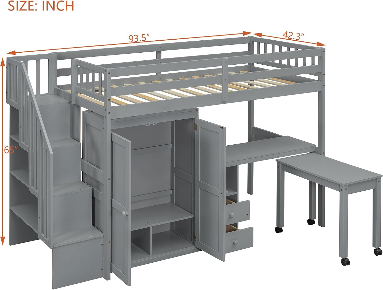Merax Twin Multifunction Loft Bed with Desk, Wardrobe, Drawers, Wood Loft Bed with Staircase & Full Length Gardrails for Boys, Girls, No Box Spring Needed Gray