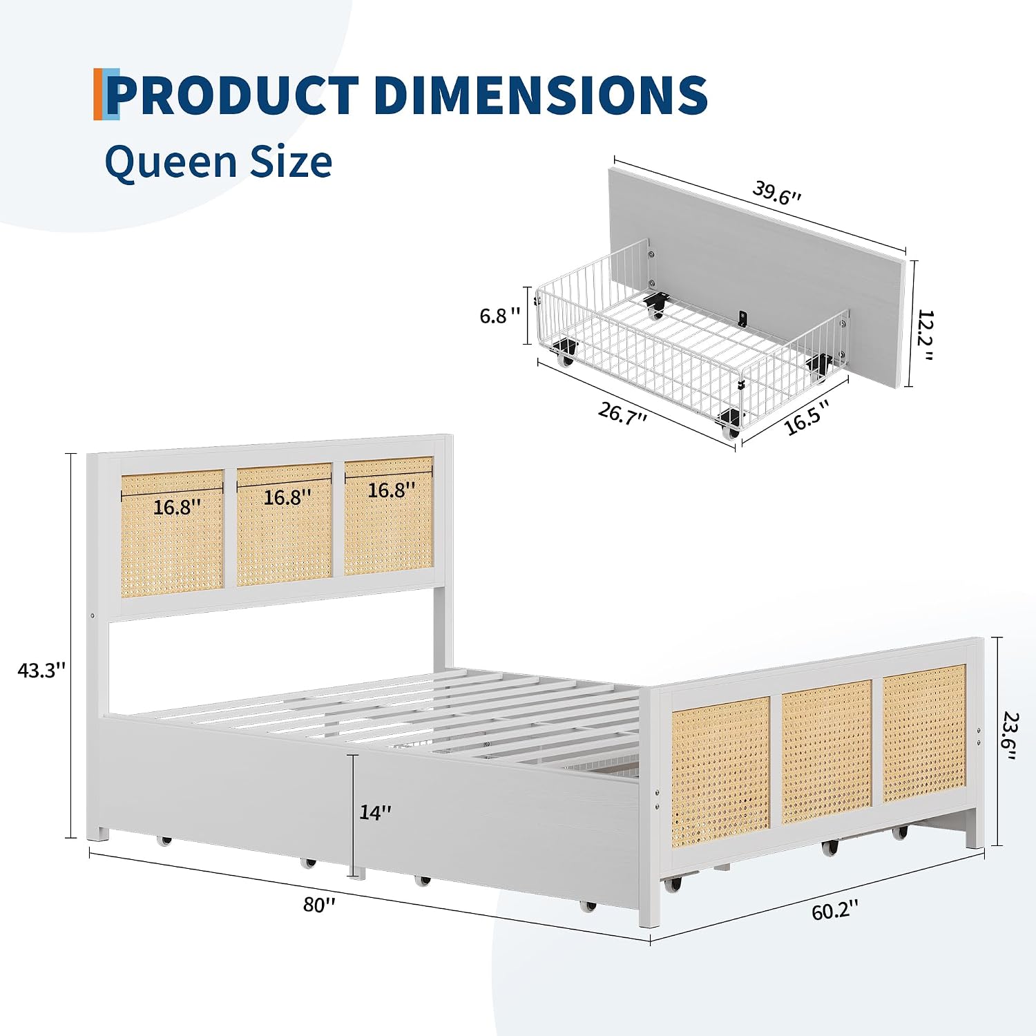 GarveeHome White Rattan Bed Frame with Headboard, Boho Cane Platform Queen Bed Frame with 4 Drawers, Strong Metal Slats Support, Noise Free, No Box Spring Needed