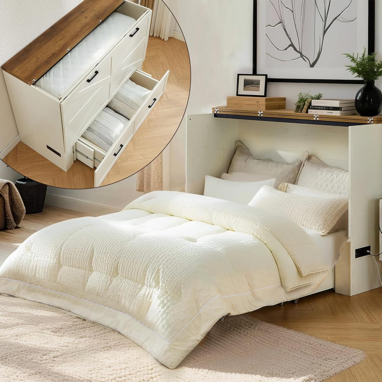 Murphy Bed, Queen Size Bed Frame with Storage Cabinet, Large Drawers for Bedroom, Living Room, Guest Bedroom, Home Office（Queen Size）