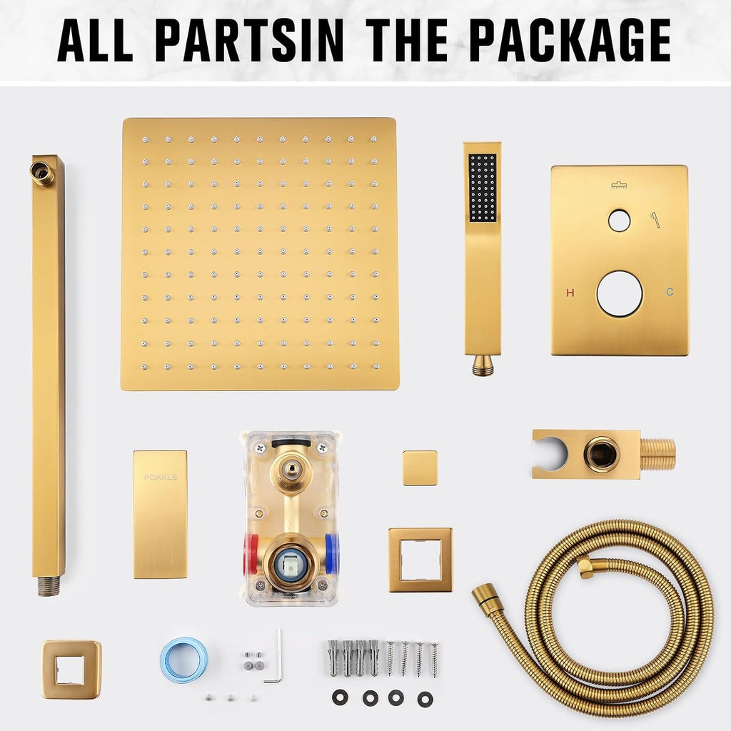 Rainfall Shower System - Wall Mounted Complete Combo with Solid Brass Pressure Balancing Valve, High Pressure Shower Head, Handle Set & Installation Accessories Brushed Gold 10'+Handheld Spray