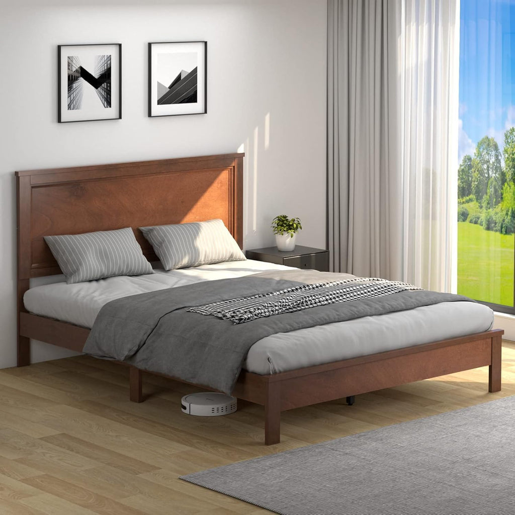 KOMFOTT Queen Size Wood Platform Bed Frame with Headboard, Wooden Mid Century Platform Bed with Slat Support & Under Bed Storage, Mattress Foundation Bed Base, No Box Spring Needed, Walnut
