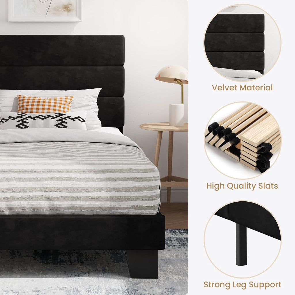 SHA CERLIN Twin Platform Bed Frame with Velvet Upholstered Headboard, Mattress Foundation with Strong Wooden Slats Support, No Box Spring Needed, Black