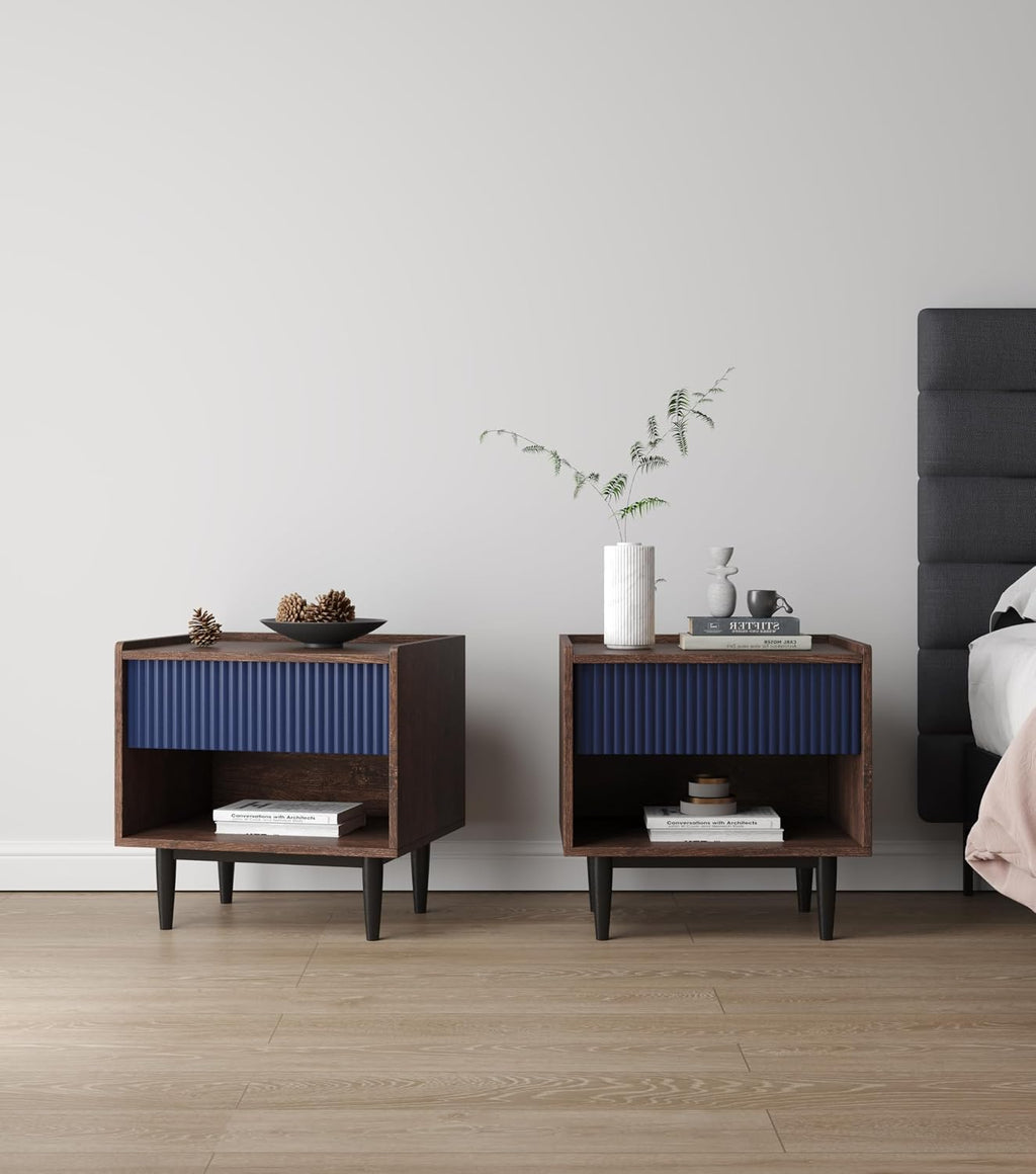 Manhattan Comfort Duane Fluted Nightstand with Full Extension Drawer and Open Shelf, Steel Legs, Bedside Table, Industrial Chic Accent Table for Living Room, Entryway and Bedroom in Navy Blue