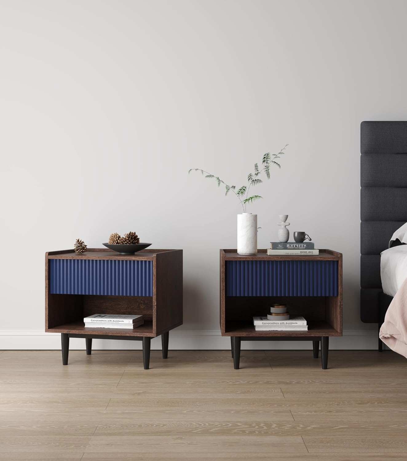 Manhattan Comfort Duane Fluted Nightstand with Full Extension Drawer and Open Shelf, Steel Legs, Bedside Table, Industrial Chic Accent Table for Living Room, Entryway and Bedroom in Navy Blue