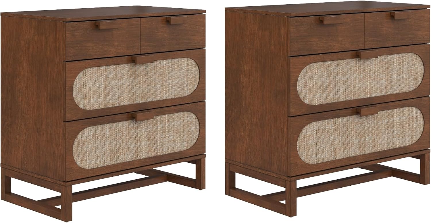 Nathan James Paxton Mid-Century Modern Dresser for Bedroom, 3-Drawer Dresser with Solid Wood Frame and Textilene Rattan Accent, Dark Walnut, Set of 2