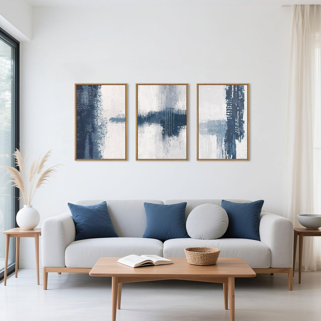 Celestdeco Large Abstract Navy Blue Grey Framed Canvas Wall Art Set,Modern Minimalist Wall Decor,Neutral Brush Stroke Artwork for Living Room,Bedroom,Dining Room,Office-24 x36 x3