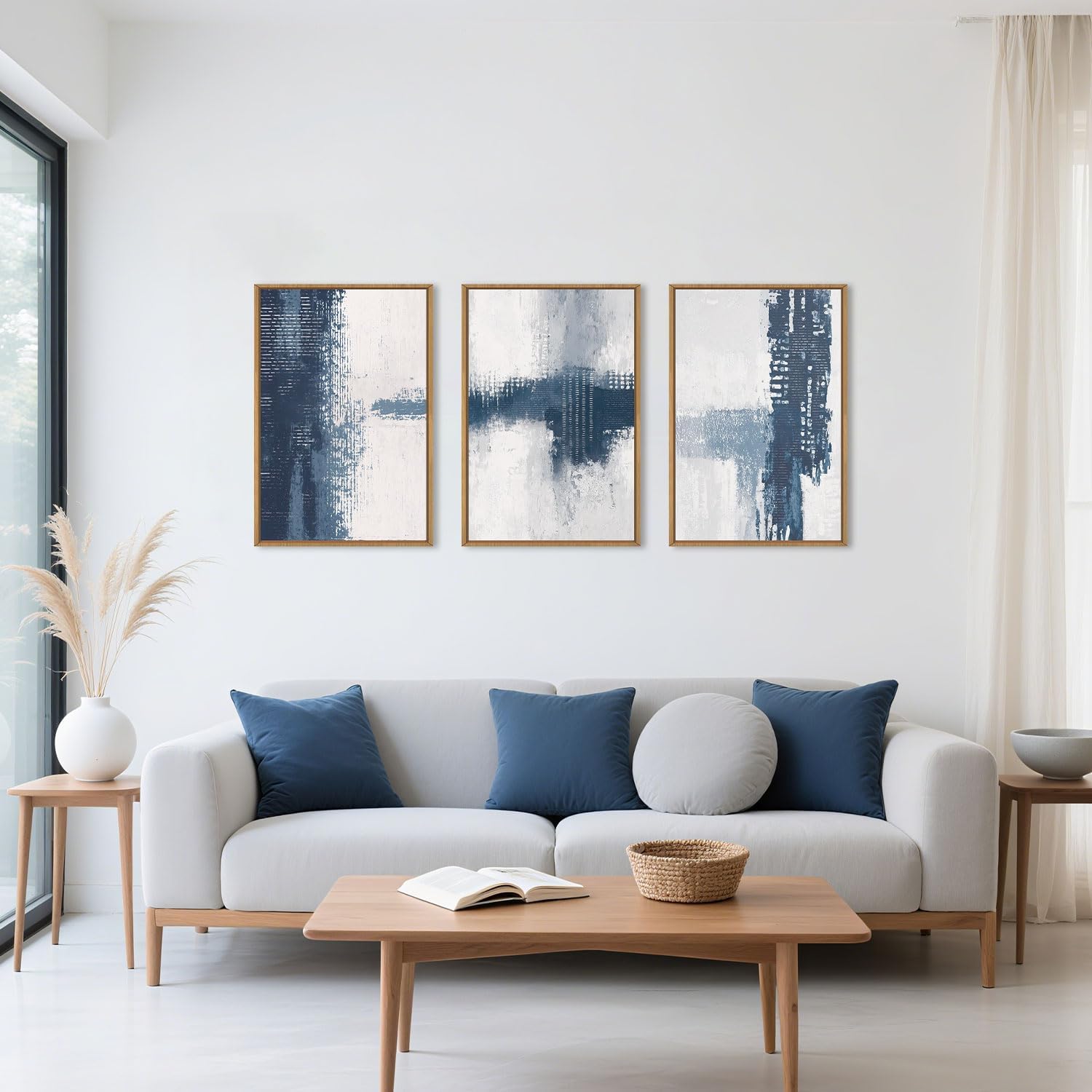 Celestdeco Large Abstract Navy Blue Grey Framed Canvas Wall Art Set,Modern Minimalist Wall Decor,Neutral Brush Stroke Artwork for Living Room,Bedroom,Dining Room,Office-24 x36 x3