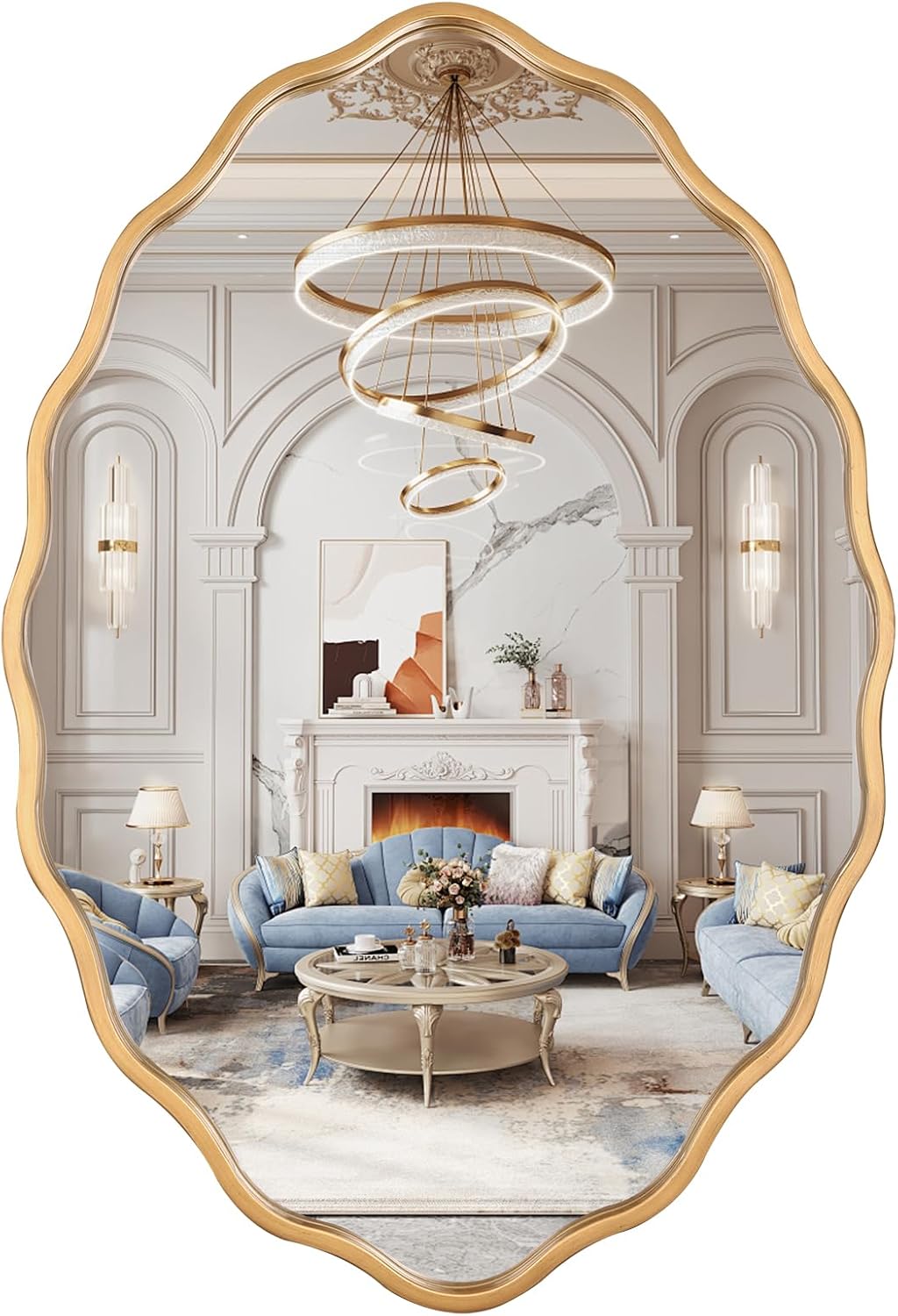 20 * 30 Inch Brushed Gold Oval Ripple Bathroom Mirror Wall Mounted Large Modern Countryside Suitable for Washroom, Bedroom, Living Room, Entryway