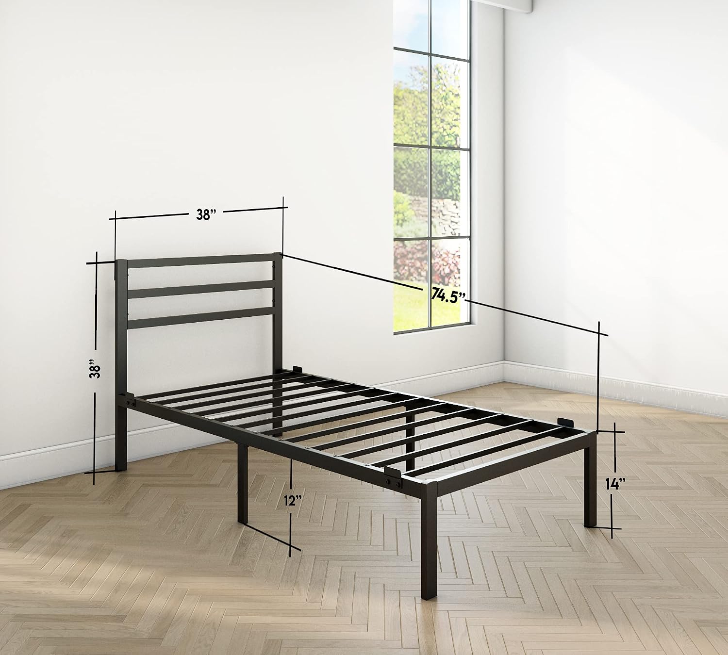 Golden Gate Beds Metal Platform Bed Frame with Headboard, Heavy Duty Steel Slats, No Box Spring Required, Noise-Free, Easy Assembly, Minimalist Design with Under-Bed Storage - Twin size, Black Finish