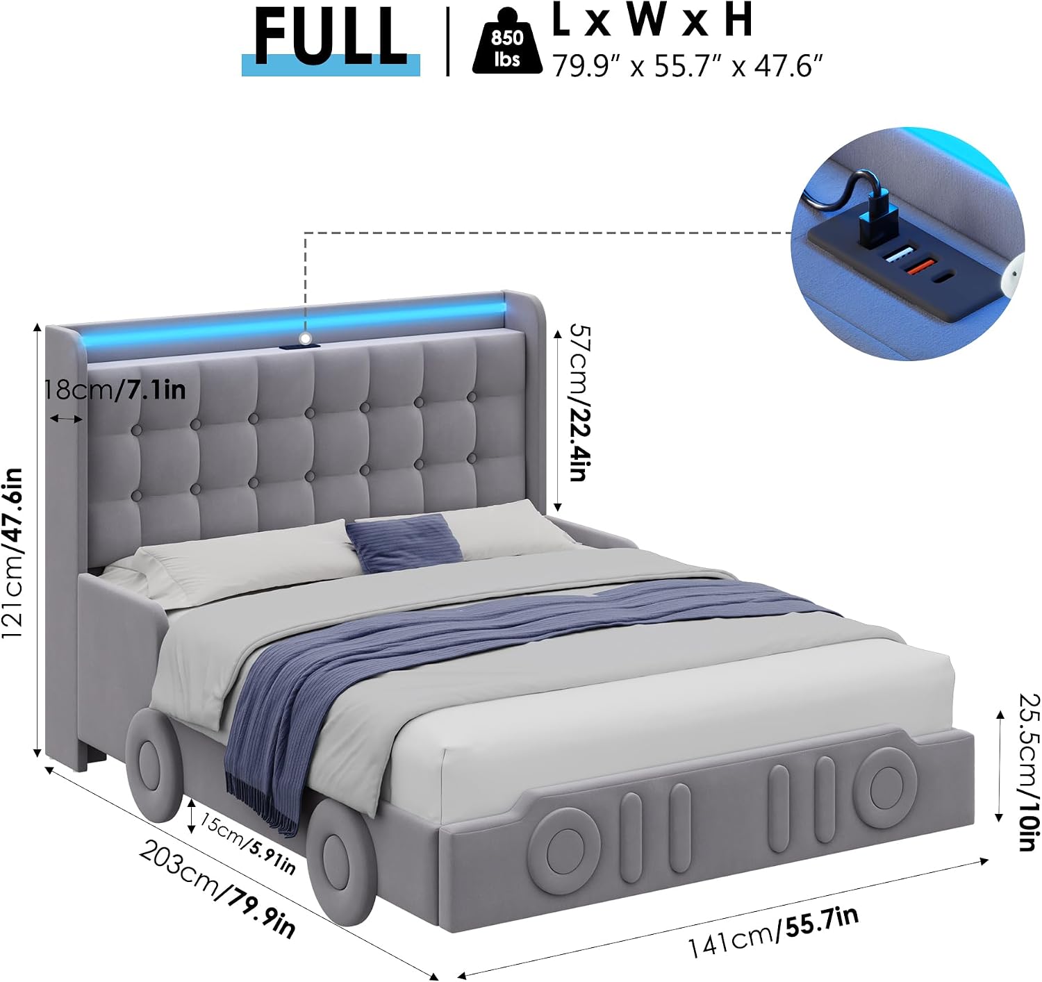 Keyluv Full Car Bed Frame with LED Lights and Charging Station, Upholstered Platform Bed with Button Tufted Headboard and Wheels, No Box Spring Needed, Noise-Free, Easy Assembly, Velvet Grey