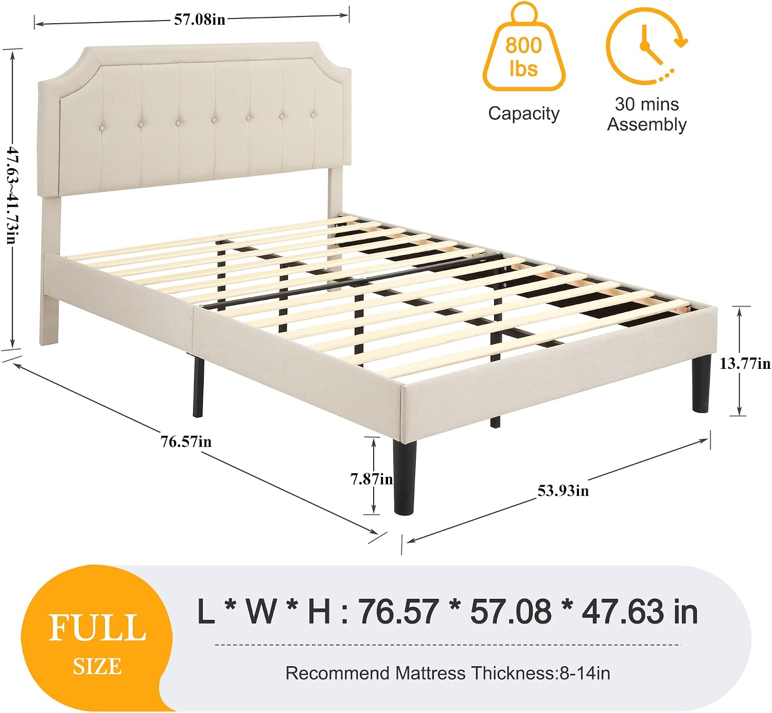 VECELO Full Size Platform Bed Frame with Fabric Upholstered Headboard and Wooden Slats Support, No Box Spring Needed/Easy Assembly,Beige