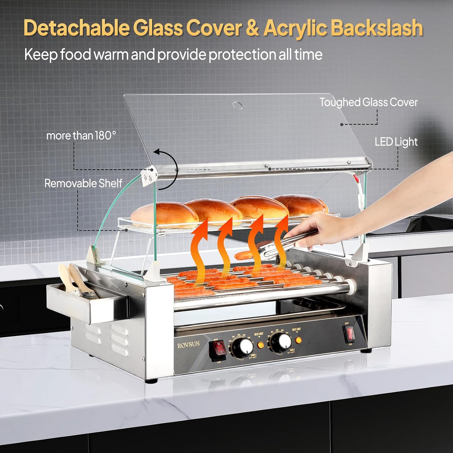 ROVSUN Hot Dog Roller, 18 Hot Dog 7 Rollers ETL Certified, Hot Dog Machine Sausage Grill Cooker with Dual Temp Control, Glass Cover, LED, Side Storage Box, Shelf & Drip Tray for Home Commercial 1050W