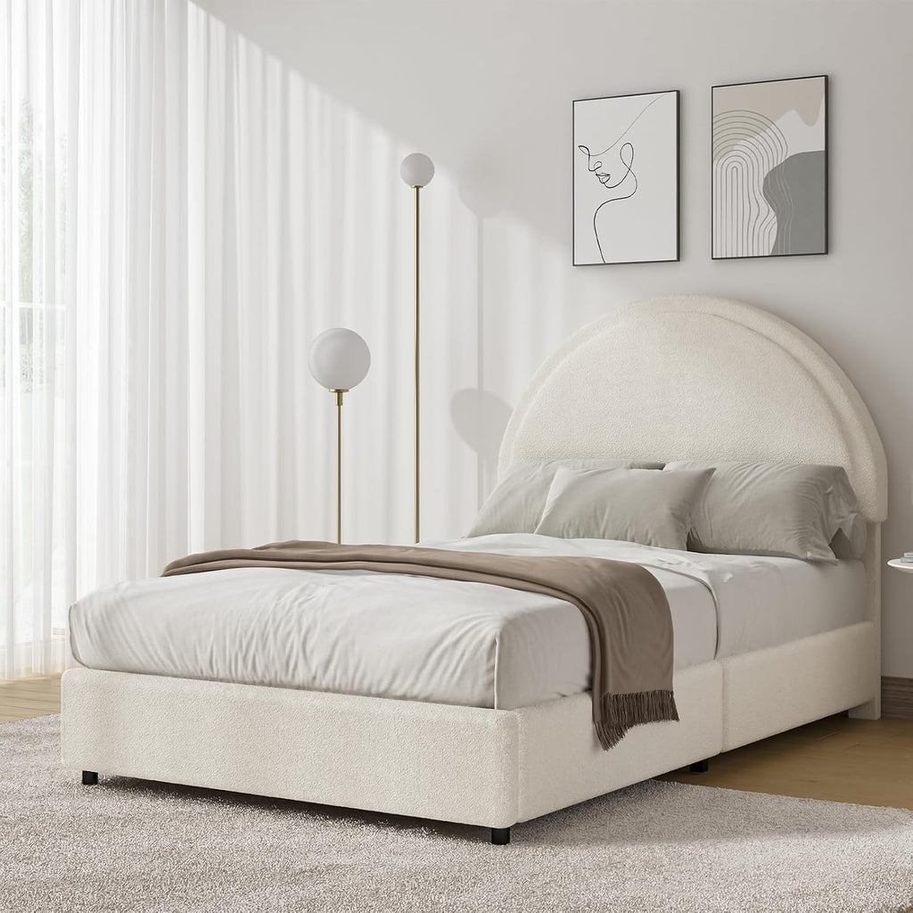 REVOMINCA Twin Size Bed Frame, Boucle Upholstered Platform Bed with Headboard, Cloud Bed Frame with Soft Rounded Corners, No Box Spring Required, Easy Assembly, White