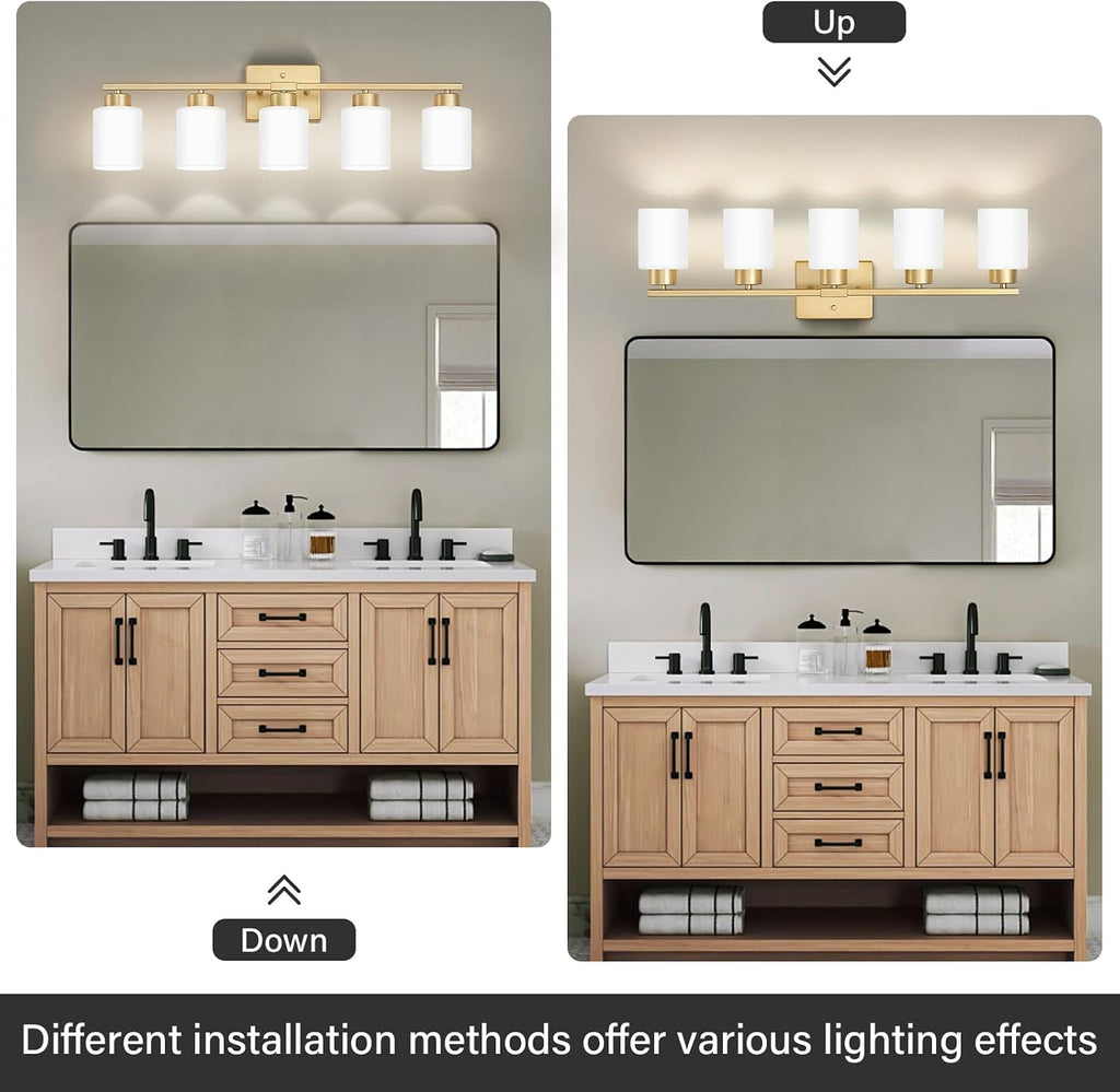 FonmYim Gold Bathroom Light Fixtures, 5-Light Modern Vanity Light Over Mirror, Wall Sconces with Milky White Frosted Glass Shades, E26 Socket (Bulbs Not Included)