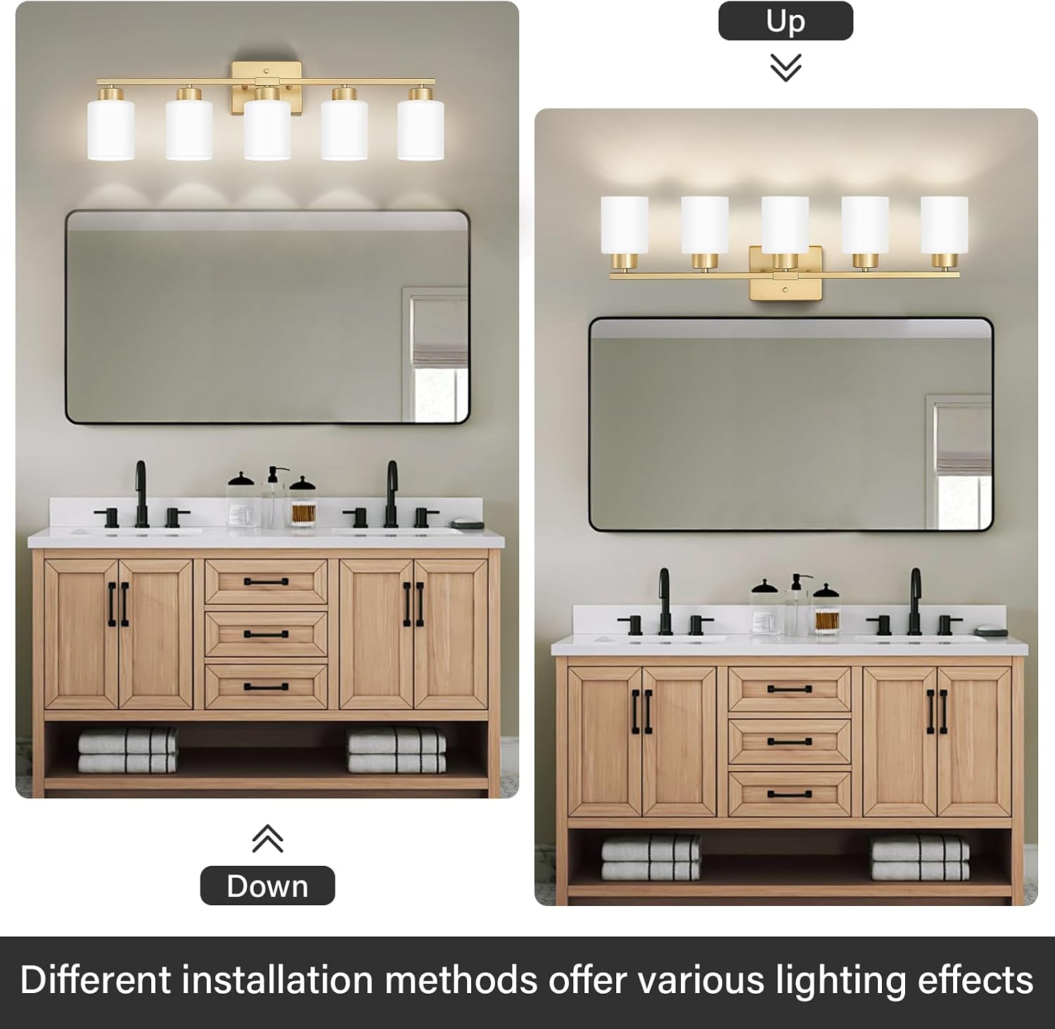 FonmYim Gold Bathroom Light Fixtures, 5-Light Modern Vanity Light Over Mirror, Wall Sconces with Milky White Frosted Glass Shades, E26 Socket (Bulbs Not Included)