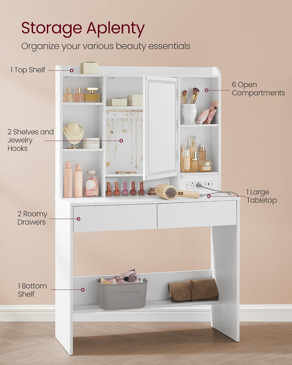 VASAGLE Kailyn Collection - Vanity Desk with Power Outlets, Makeup Vanity with Mirror and Lights, LED Lights, 6 Compartments, 2 Drawers, for Bedroom, Cloud White URDT031WB02S