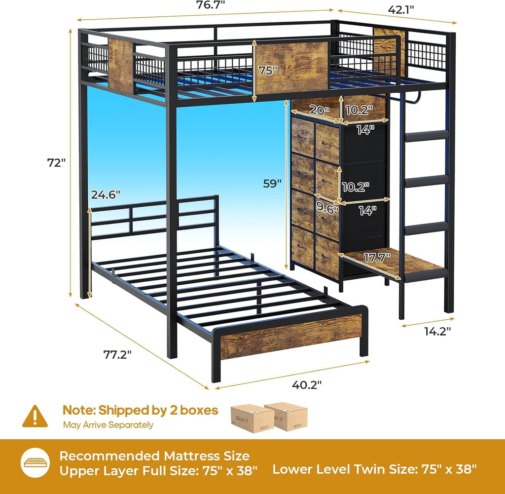 ADORNEVE Bunk Bed Twin Over Twin Size with 8 Storage Drawers, Twin Bunk Beds with Led Lights & Storage Shelves, Metal Loft Bed with 13.4' H Safety Guardrail & Ladder, for Kids & Teens, Black