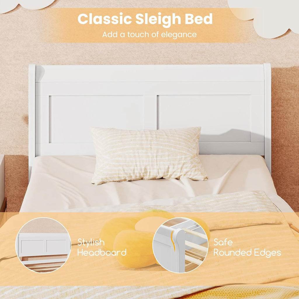 KOMFOTT Twin Bed with 2 Drawers, Twin Storage Bed with Headboard & Footboard, Sleigh Wood Bed Frame with Wooden Slats Support for Kids, Teens, Adults, No Box Spring Needed