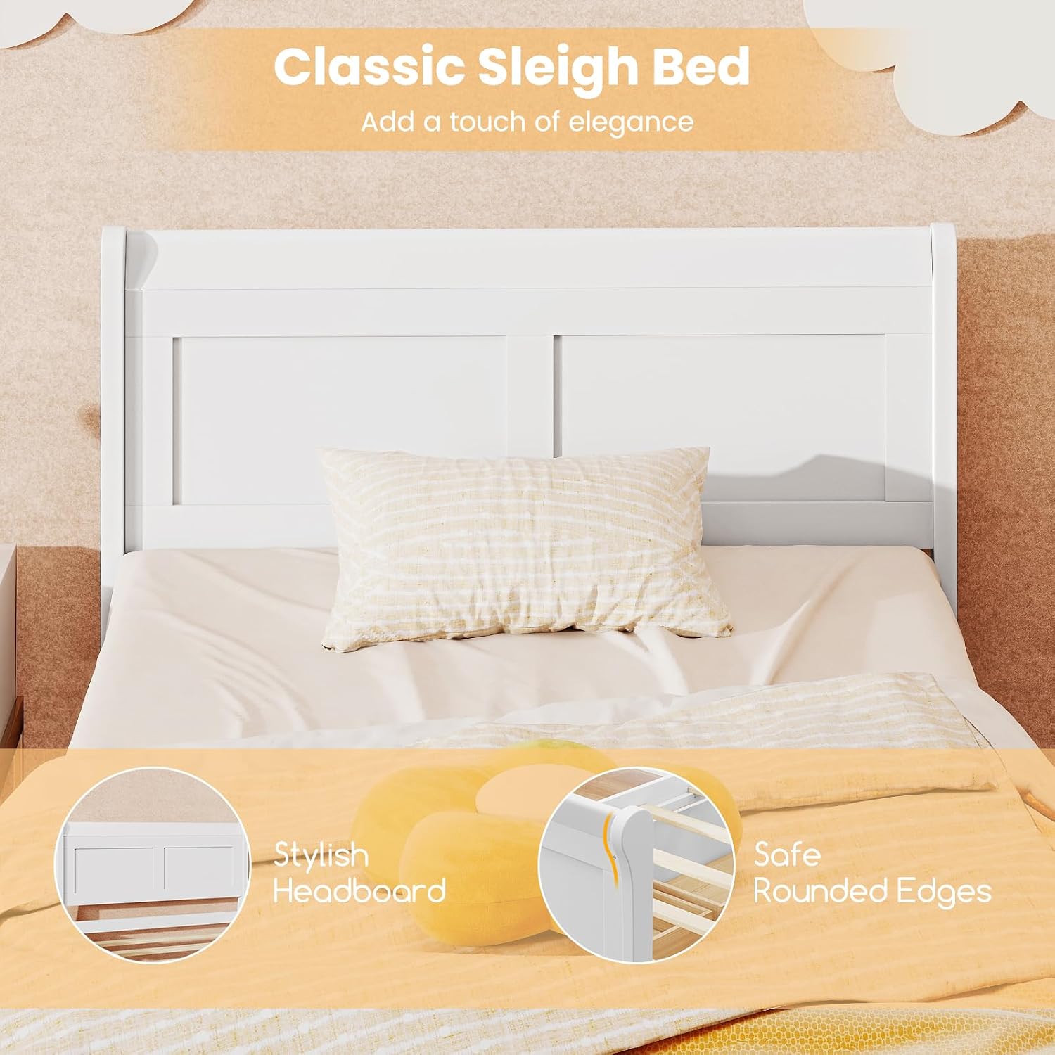 KOMFOTT Twin Bed with 2 Drawers, Twin Storage Bed with Headboard & Footboard, Sleigh Wood Bed Frame with Wooden Slats Support for Kids, Teens, Adults, No Box Spring Needed