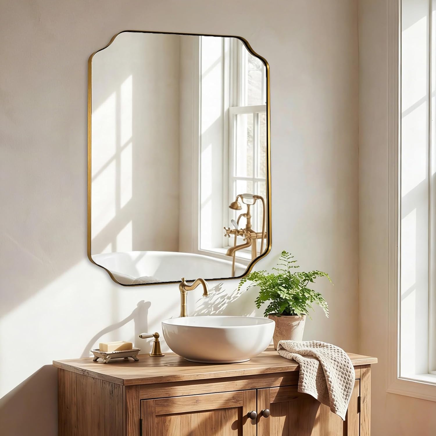 ANDY STAR 24'x30' Brushed Gold Bathroom Mirror, Rectangle Mirror for Bathroom, Champagne Bronze Mirror in Rustproof Stainless Steel Thin Frame, Elegant Scalloped Edge Design, Ideal for Home Remodel