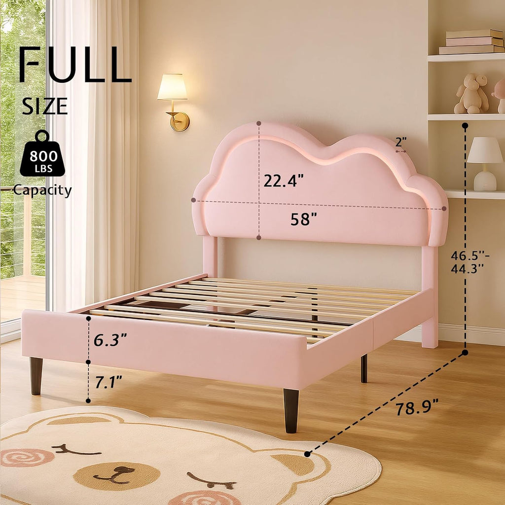Jocisland Full Bed Frame for Girls with Adjustable Cloud Headboard, Velvet Upholstered & RGB Lights, 7.1' Underbed Storage, No Box Spring Needed, Pink | Cloud Shape Design