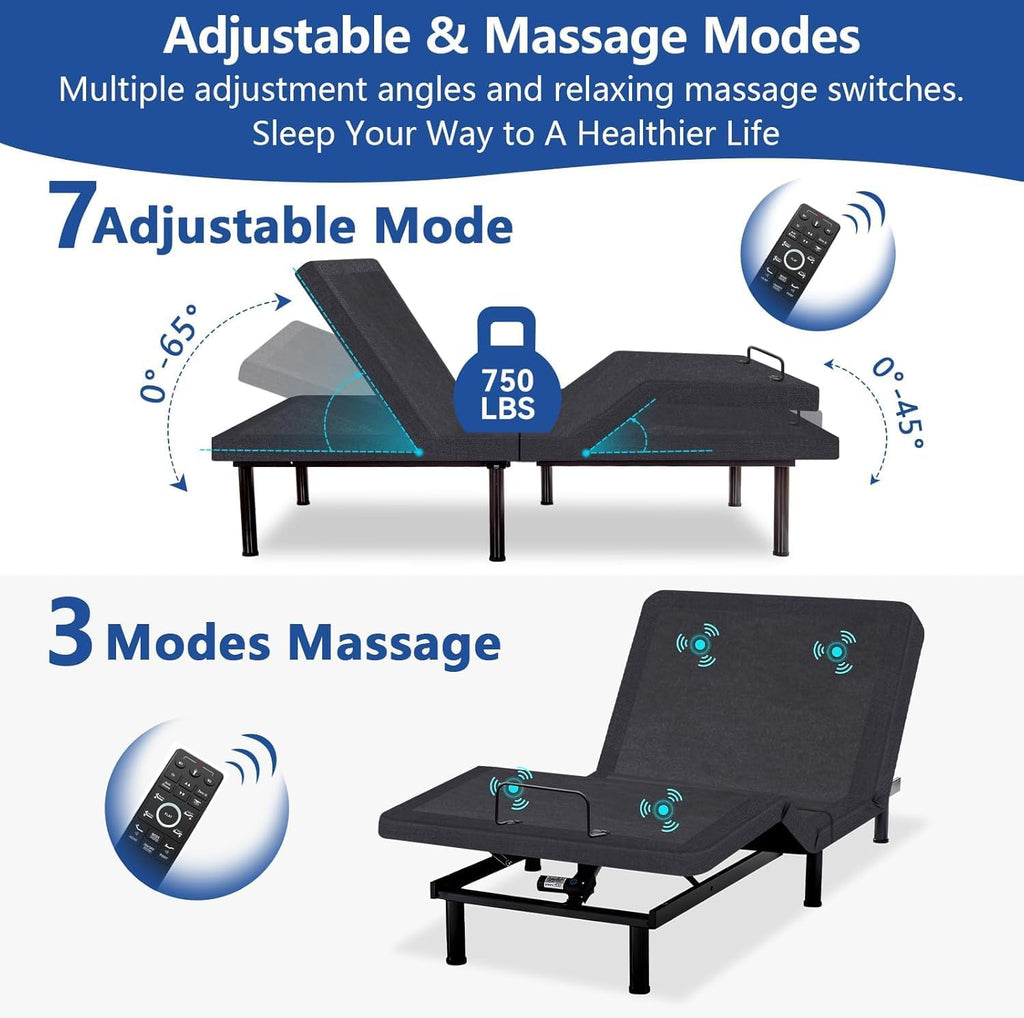 Full Size Adjustable Bed Frame with Massage, Upgrade Bed Base with Adjustable leg height,Separate Head/Foot Lift,Voice control,Anti-Snore/Zero Gravity,USB Ports, LED Light, Smart Electric Beds