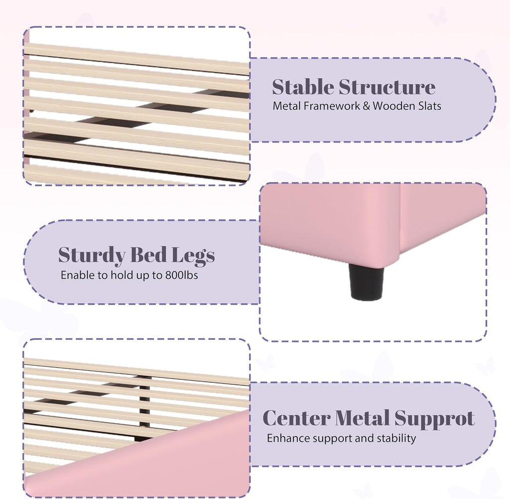 Merax PU Leather Upholstered Platform Bed with Butterfly Shaped Headboard and Footboard, Queen Size Bed Frame for Bedroom, Solid Wood Slats Support, No Box Spring Needed, Easy Assembly, Light Pink