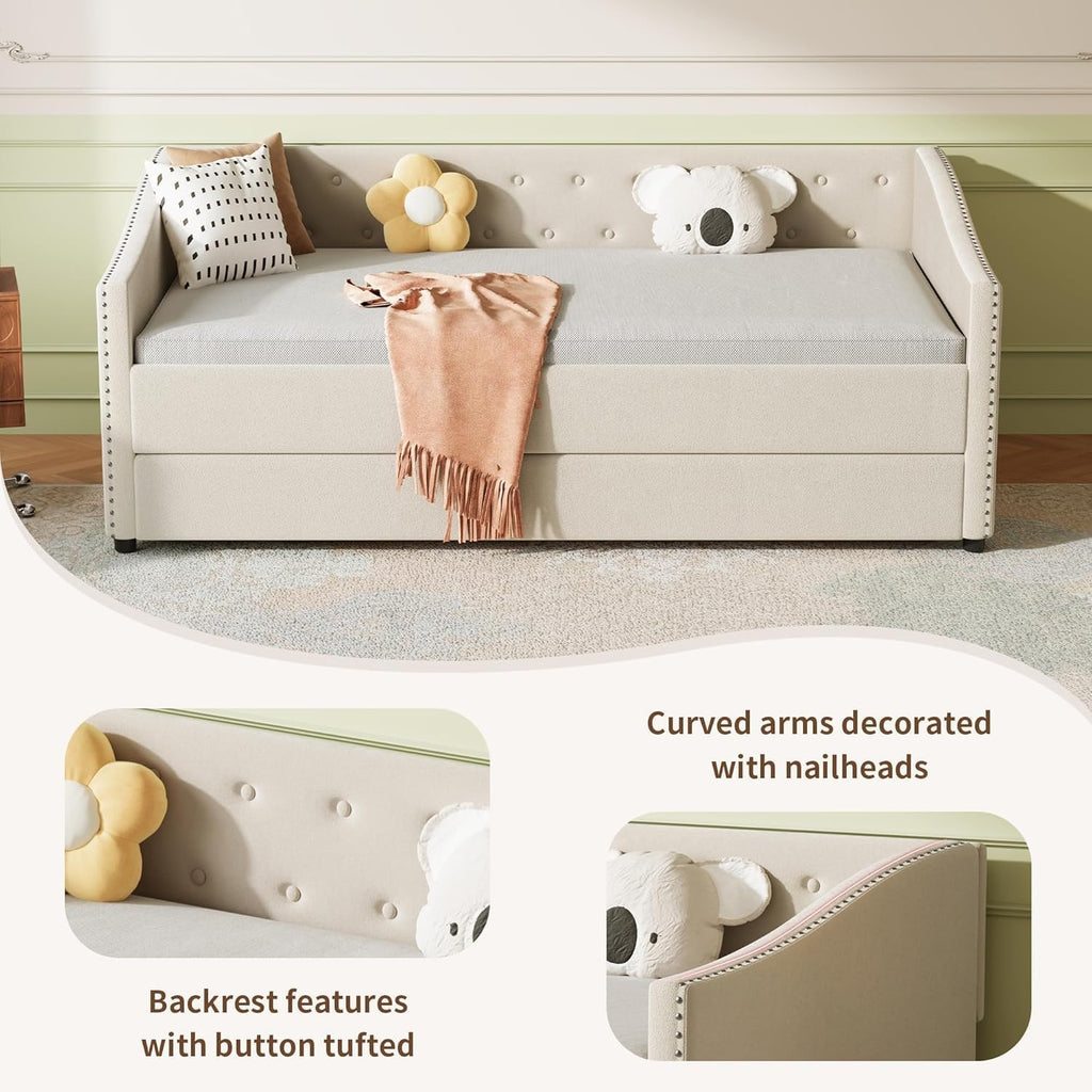 Upholstered Daybed with Trundle, Twin Size Day Bed w/Button-Tufted Back and Piping on Waved-Shape Arms for Bedroom or Guest Room, No Box Spring Required,Beige