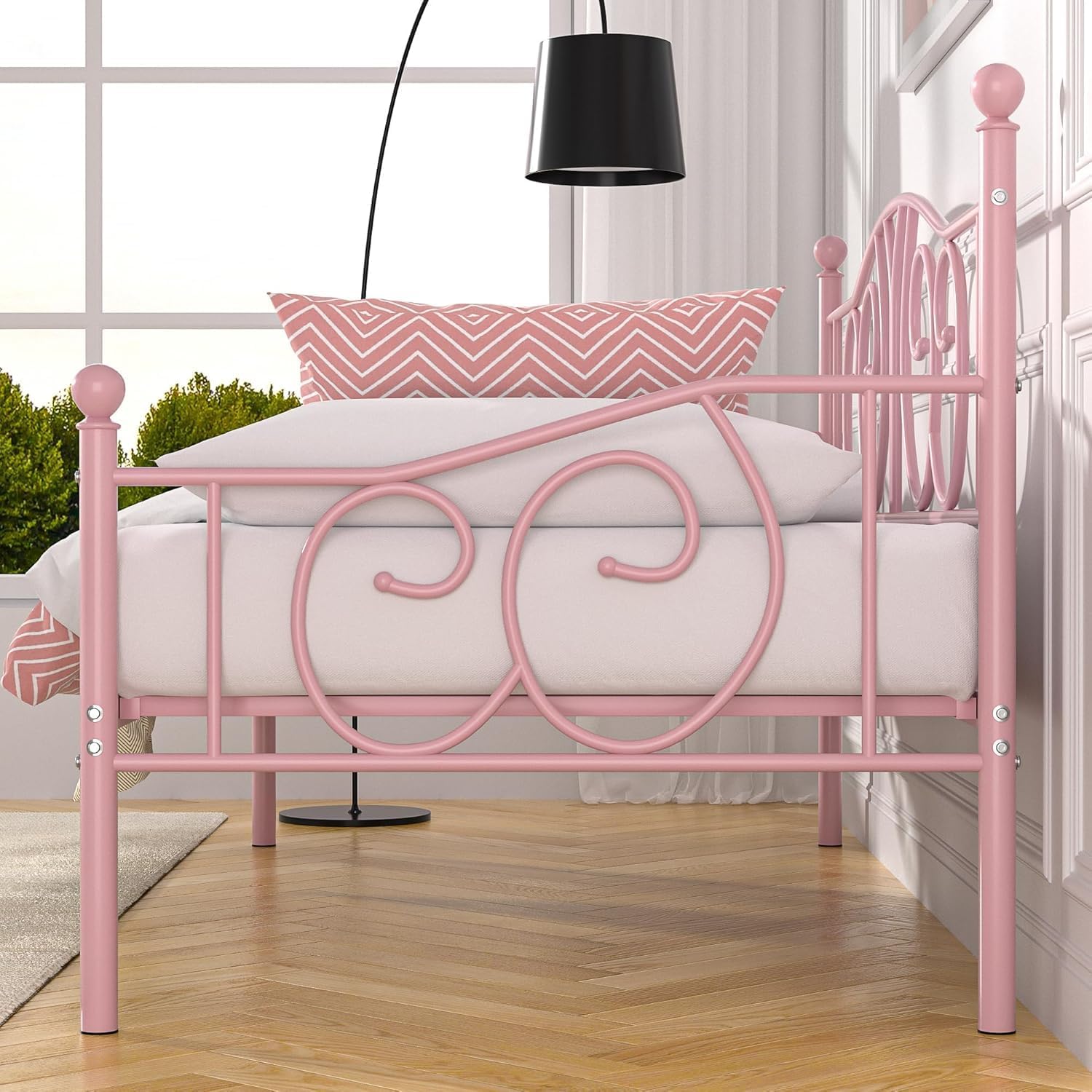 VECELO Metal Daybed Frame Multifunctional Platform Bed Sofa Mattress Foundation with Classic Headboard, Twin, Pink