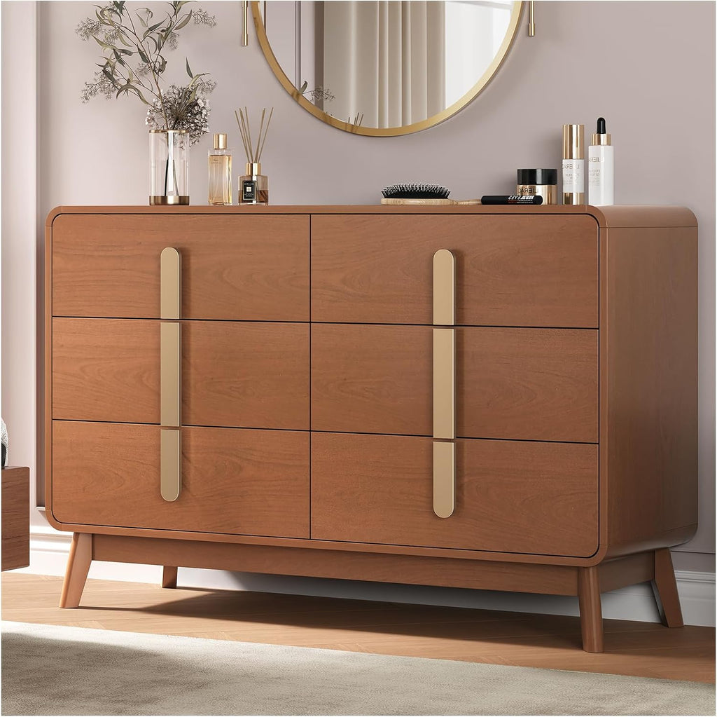 JOINICE Dresser for Bedroom with 6 Drawers,Mid Century Modern Dresser with Storage,47' Wide Chest of Drawers with Metal Handles,Large Wood Drawer Organizer for Bedroom,Living Room,Hallway,Cherry